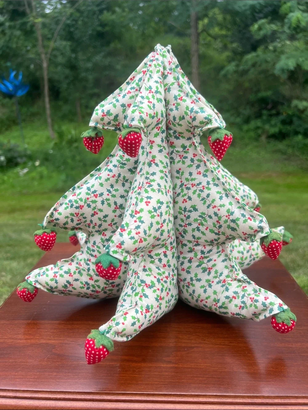 Vintage Kitsch 3D Stuffed Holly Berry Fabric Christmas Tree with Strawberries